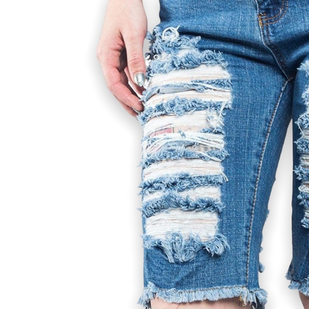 American Bazi Women's Blue Destroyed Denim Distressed Capri Knee Long Shorts - Picture 5 of 11